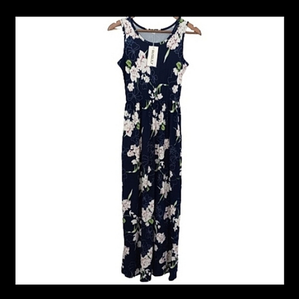 AUSELILY Blue Navy Garden Floral Maxi Soft Stretchy Modest Pocket Summer Dress - Picture 2 of 15